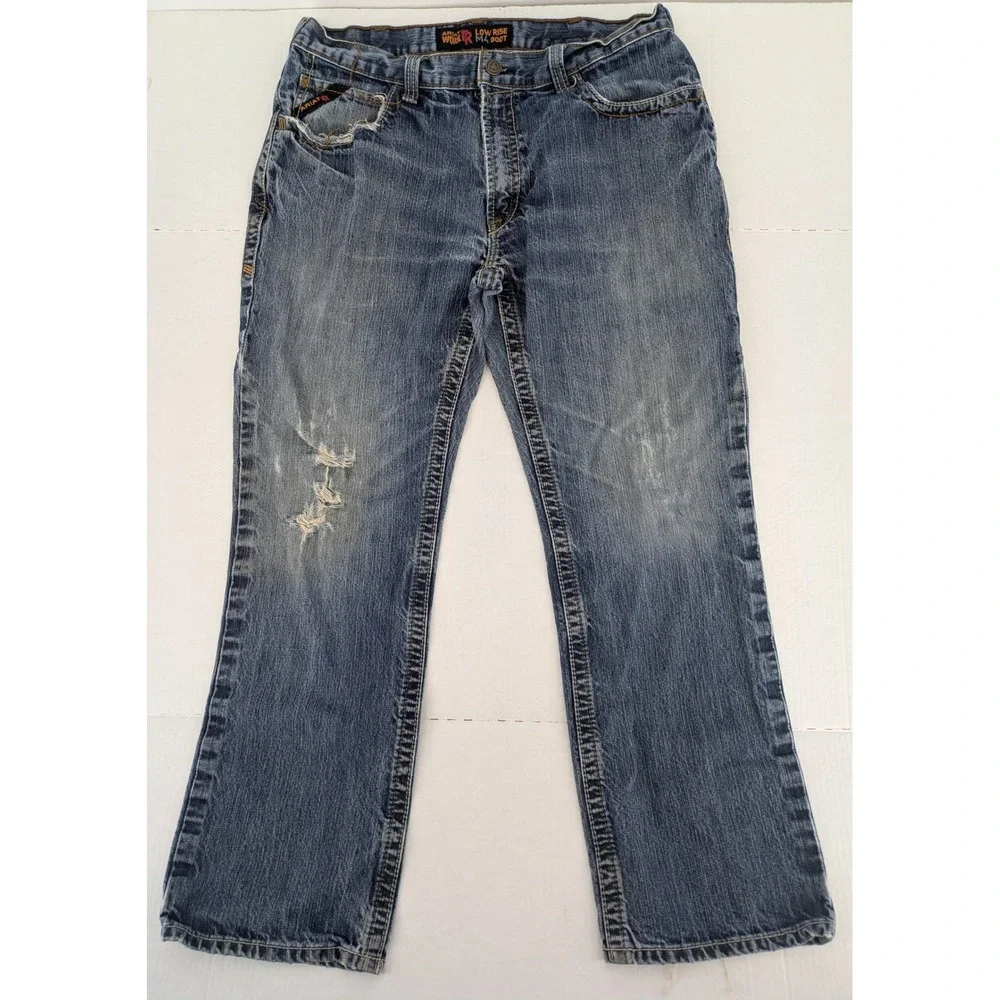 Ariat FR M4 Low Rise Boot Cut Jeans Mens 36x32 Blue Distressed Thrashed Workwear